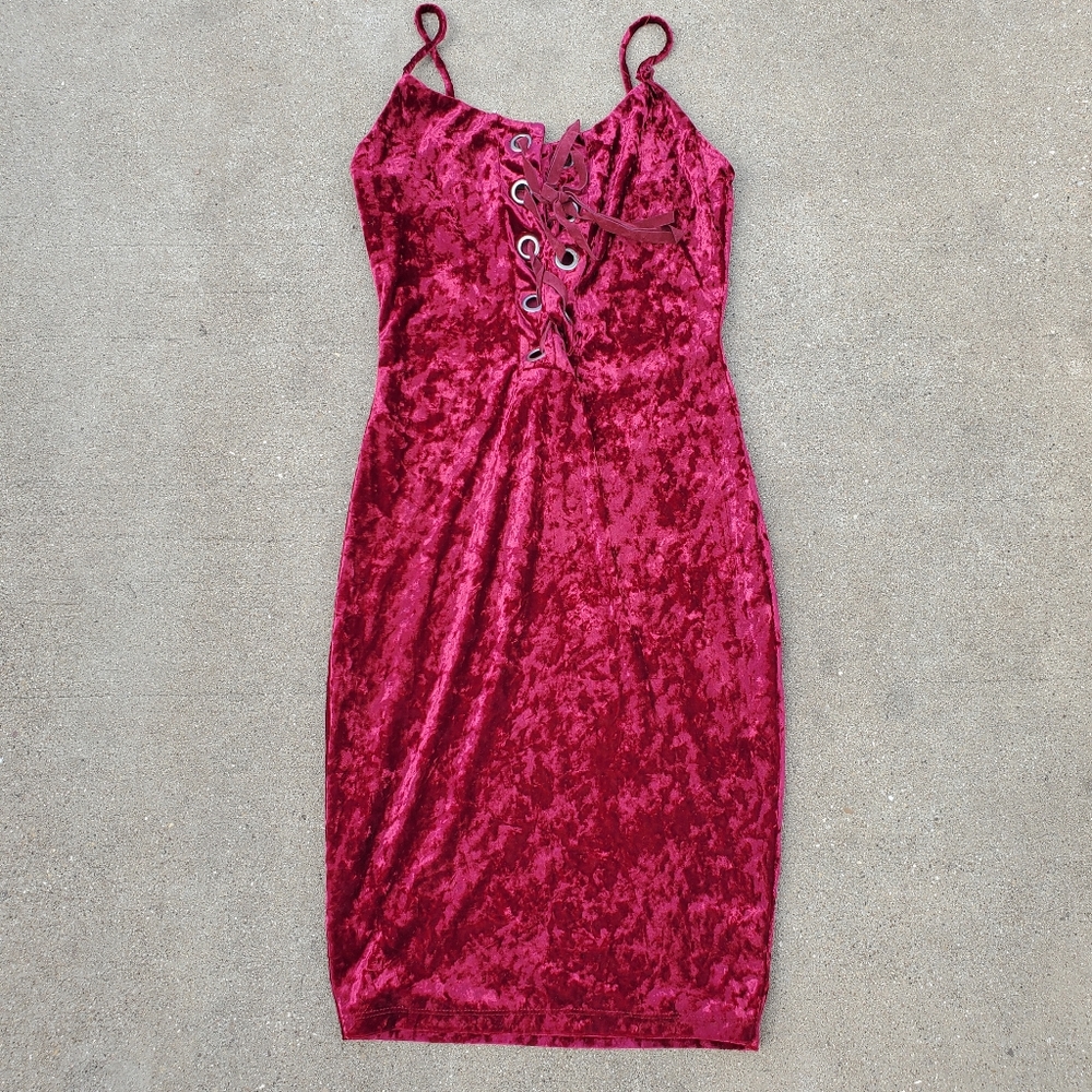 WTD Red Velour Draw String Midi Dress sz Small